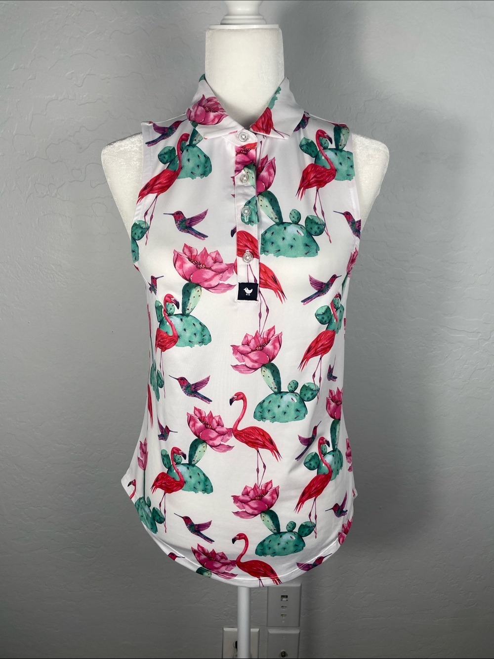 Bad Birdie White Sleeveless Polo Pink Flamingo & Teal Cactus Print Size Small